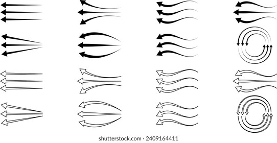 conjunto de iconos de flujo de aire de flechas de silueta de esquema