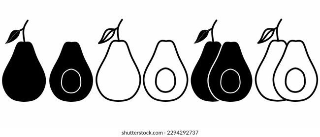 outline silhouette avocado fruit icon set isolated on white background