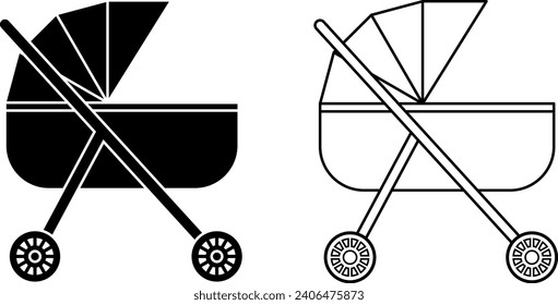 outline silhouette baby stroller icon set