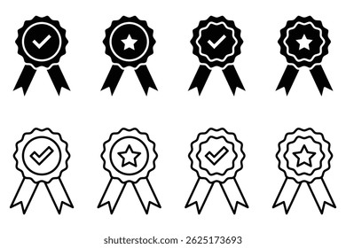Outline and silhouette badge with ribbon icon set. check and star mark. Vector illustration.	