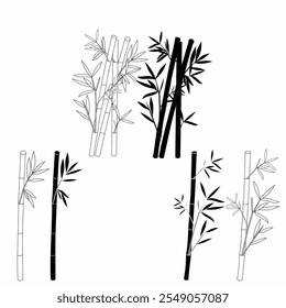 outline silhouette bamboo stalks with leaves in a mix of black and white line art. The design varies in density, creating a minimalist and natural aesthetic