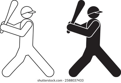 outline silhouette baseball player holding a bat in a ready to swing position. The design is minimalistic and stylized icon set