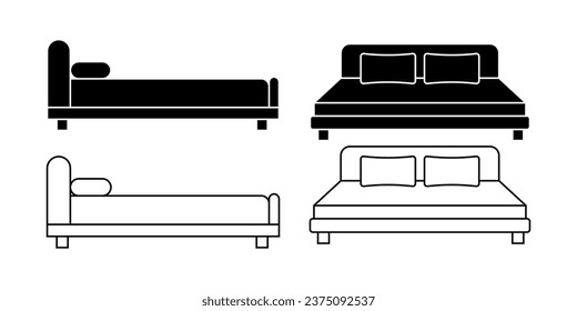 outline silhouette bed icon set isolated on white background.side view bed icon
