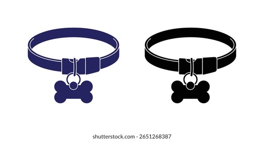 outline silhouette belt icon set isolated on white background.Vector art of a dog collar with bone tag for pet identification and safety