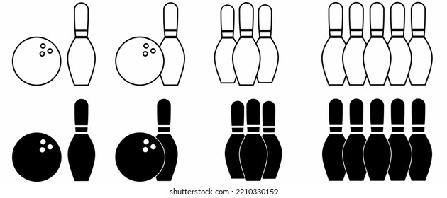 conjunto de iconos de la bola de bolos de la silueta de contorno aislado en fondo blanco