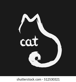 Outline silhouette of a cat painted white brush. Handwriting Cat. Grunge. Logo, symbol.