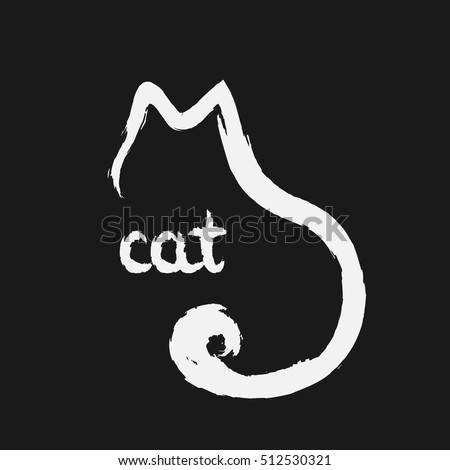 Outline silhouette of a cat painted white brush. Handwriting Cat. Grunge. Logo, symbol.