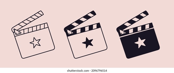 Outline and silhouette clapboard set with star. Open doodle cut movie clapperboard isolated. Vector illustration of a tool for filming and editing video.