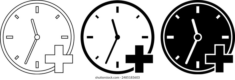 contorno silueta reloj más tiempo extra icono conjunto
