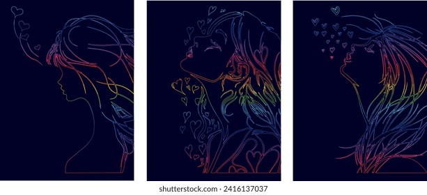 outline silhouette of colored girls in lgbt style, rainbow paintings and postcards in thin outline