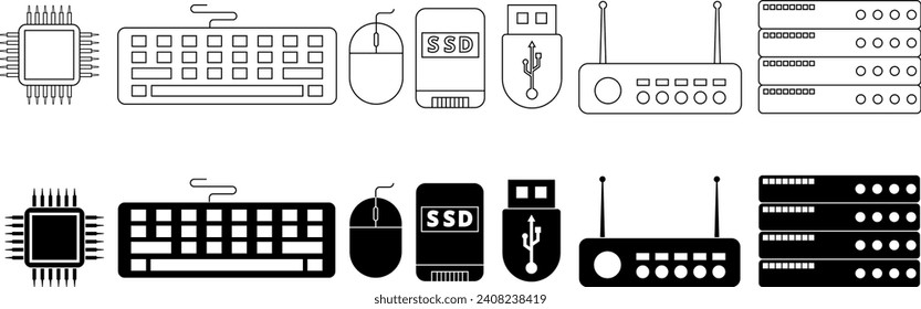 outline silhouette computer components icon set