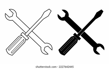 outline silhouette cross wrench screwdriver icon set isolated on white background