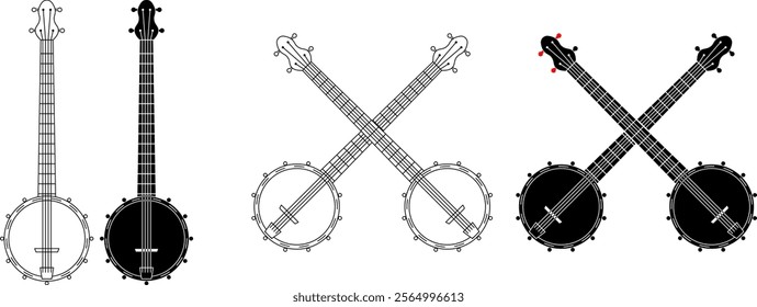 outline silhouette crossed banjo icon set