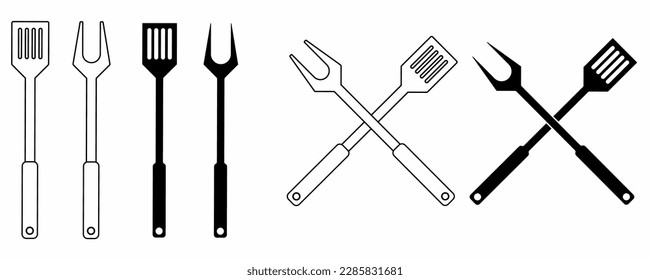outline silhouette Crossed Fork and Spatula for BBQ Barbecue Grill icon set isolated on white background