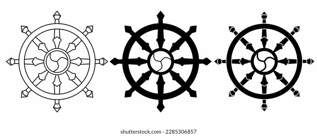 outline silhouette dharmachakra Symbol set isolated on white background.dhammacakka sign