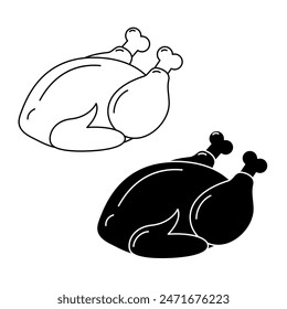 Outline and silhouette drawn Roasted Turkey Black and white Traditional Thanksgiving Symbol Set of 2
