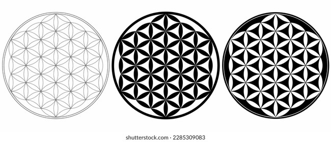 outline silhouette flower of life Symbol set isolated on white background