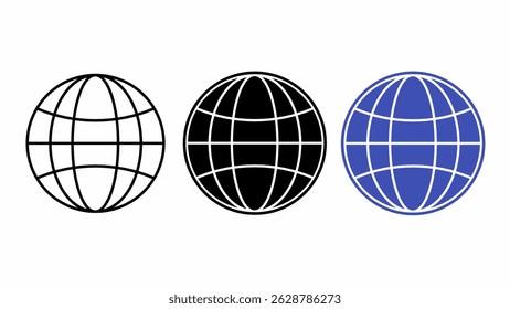 outline silhouette globe icon set isolated on white backgroud : an outline globe, a filled black globe with white lines, and a filled blue globe with white lines.