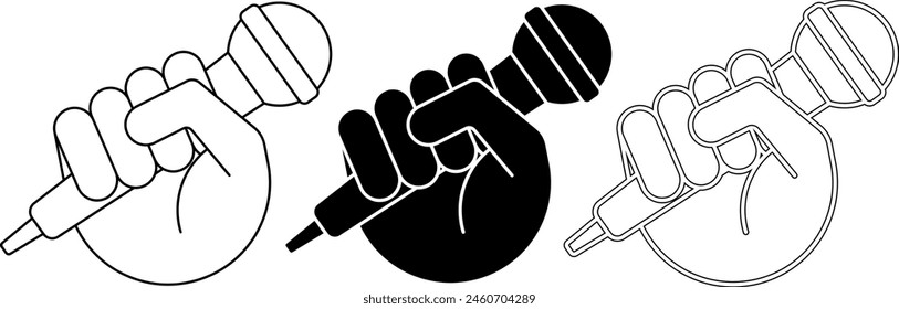 outline silhouette Hand holding microphone icon set