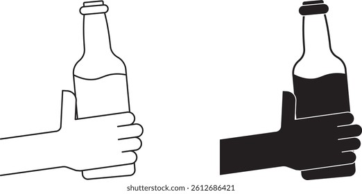 outline silhouette Hands holding beer bottle icon set