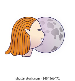 Outline silhouette of head witch vampire  on background of the moon. template for the Halloween. Mystical illustration. Vector outline of a witch vampire girl.