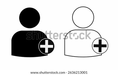 Outline silhouette icons with plus symbol for add friend, profiles, contacts. 