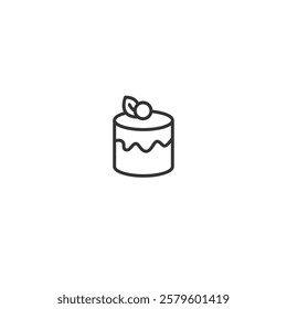 Outline Silhouette Illustrated minimalistic icon representing a cake with icing detailing, cherry, and a green leaf.