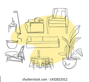 Outline silhouette interior items - sofa, dining salt with three chairs, plant pot, wicker basket, armchair, floor lamp. One line continuous style hand drawing. 