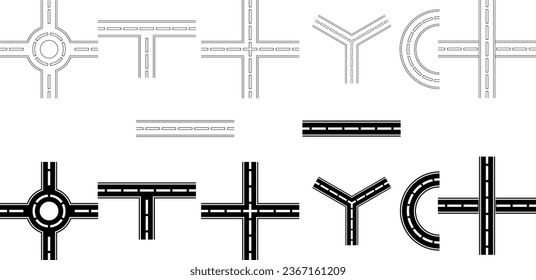 outline silhouette Intersection road icon set.Street junction elements