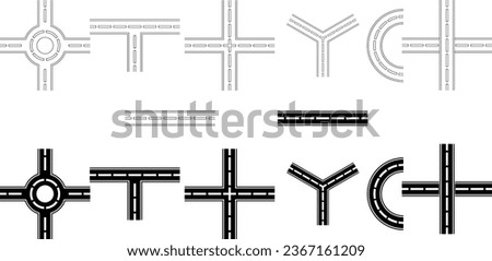 outline silhouette Intersection road icon set.Street junction elements
