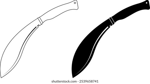 Conjunto de iconos de espada Kukri Gurkha de silueta de contorno