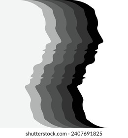 Outline silhouette of man heads with different colors. Duplicity if character and behavior dualism