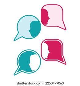 Outline silhouette of man and woman head with speech bubbles. Different thoughts and words. Understanding between male and female persons