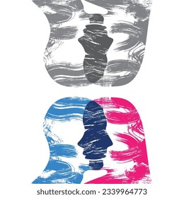 Outline silhouette of man and woman head with scribble brains. Different thoughts and words. Understanding between male and female persons