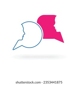 Outline silhouette of man and woman head with speech bubbles. Different thoughts and words. Understanding between male and female persons