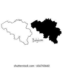 outline and silhouette map of Belgium - vector illustration hand drawn with black lines, isolated on white background