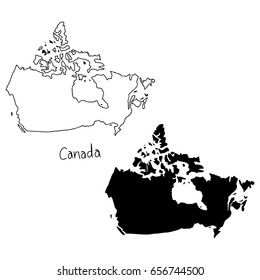 outline and silhouette map of Canada - vector illustration hand drawn with black lines, isolated on white background