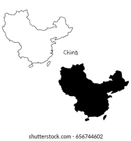 outline and silhouette map of China - vector illustration hand drawn with black lines, isolated on white background