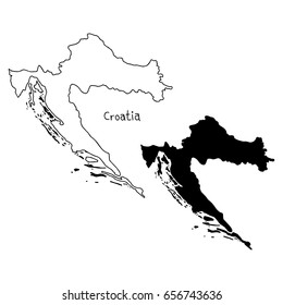 outline and silhouette map of Croatia - vector illustration hand drawn with black lines, isolated on white background