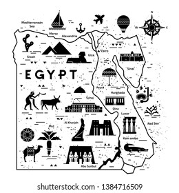 Outline and silhouette map of Egypt - vector illustration hand drawn with lines, isolated on background with icons symbols attractions of Egypt in white black colors.