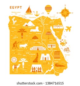 Outline and silhouette map of Egypt - vector illustration hand drawn with lines, isolated on background with icons symbols attractions of Egypt.