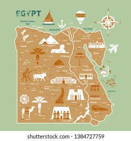 Outline and silhouette map of Egypt - vector illustration hand drawn with lines, isolated on background with icons symbols attractions of Egypt.