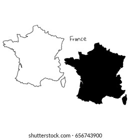 outline and silhouette map of France - vector illustration hand drawn with black lines, isolated on white background