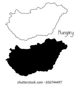 outline and silhouette map of Hungary - vector illustration hand drawn with black lines, isolated on white background