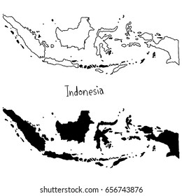 outline and silhouette map of Indonesia - vector illustration hand drawn with black lines, isolated on white background