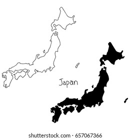 outline and silhouette map of Japan - vector illustration hand drawn with black lines, isolated on white background