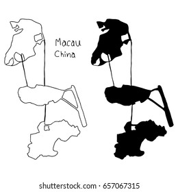 outline and silhouette map of Macau China - vector illustration hand drawn with black lines, isolated on white background