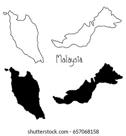 outline and silhouette map of Malaysia - vector illustration hand drawn with black lines, isolated on white background