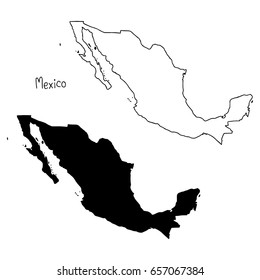 outline and silhouette map of Mexico - vector illustration hand drawn with black lines, isolated on white background