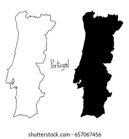 outline and silhouette map of portugal - vector illustration hand drawn with black lines, isolated on white background